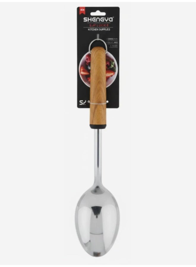 شنغيا ملعقة تقديم من الفولاذ المقاوم للصدأ من شينغيا بمقبض خشبي - أدوات مائدة أنيقة وعملية (33 سم) - Image 1