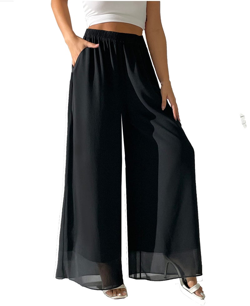 heipeiwa Womens Chiffon Dress Beach Wide Leg Palazzo Pants Elastic Waist Trouser