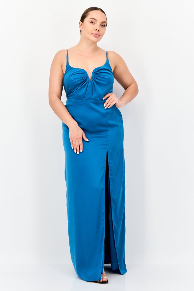 Lulus Women Solid Satin With Slit A-Line Dress, Teal Blue - Image 1