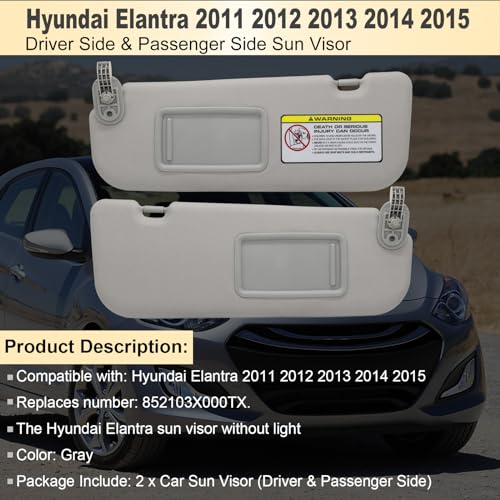 NHILES Left Driver & Right Passenger Side Sun Visor Replacement Compatible with Hyundai Elantra 2011 2012 2013 2014 2015 Replace# 852103X000TX Colour Gray - Image 2