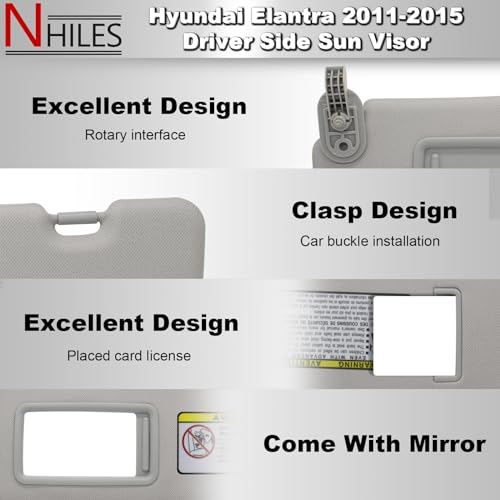 NHILES Left Driver & Right Passenger Side Sun Visor Replacement Compatible with Hyundai Elantra 2011 2012 2013 2014 2015 Replace# 852103X000TX Colour Gray - Image 3