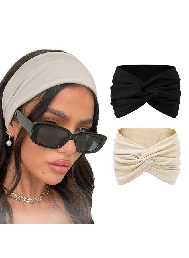 طقم مكون من طوقين شعر قطن محاك للنساء، 95% قطن، بتصميم توربان بعقدة أنيقة، أكسسوارات شعر للنساء والفتيات (بيج وأسود) - Image 1