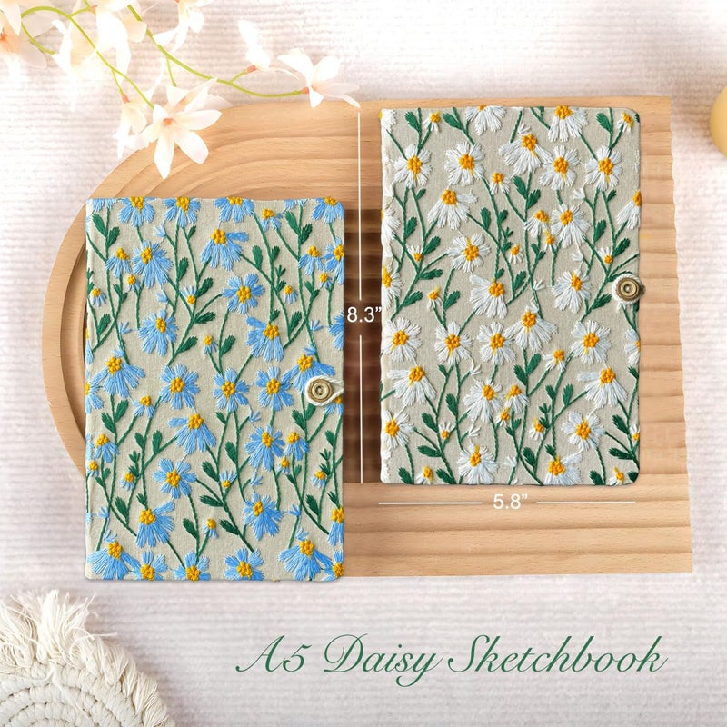 ipoul A5 Sketchbook, Flower Notebook, Embroidered Journal, Daisy Gifts for Women, 8"x6" Notebook, Hardcover, Lay Flat, Personalized Notebook, Unlined Notebook, Plain Journal, Blue Daisy - Image 2