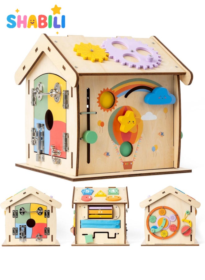 شبيلي بيت مونتيسوري الخشبي للأطفال من عمر ٣ سنوات فما فوق، لعبة تفاعلية 13 في 1 تشمل أبازيم وسحابات وتروس – لعبة تعليمية لتطوير المهارات الحركية الدقيقة ومهارات الحياة المبكرة - Image 1