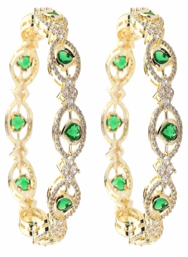 NMII American Diamond Gold Metal Bangles Jewellery Set For Women & Girls with Green Stones | Diamond Bangles | Stone Bangles | Latest AD Daimond Bridal Bangles | Zircon Bangles-(ADK-5-GoldGreen-2.6) - Image 2