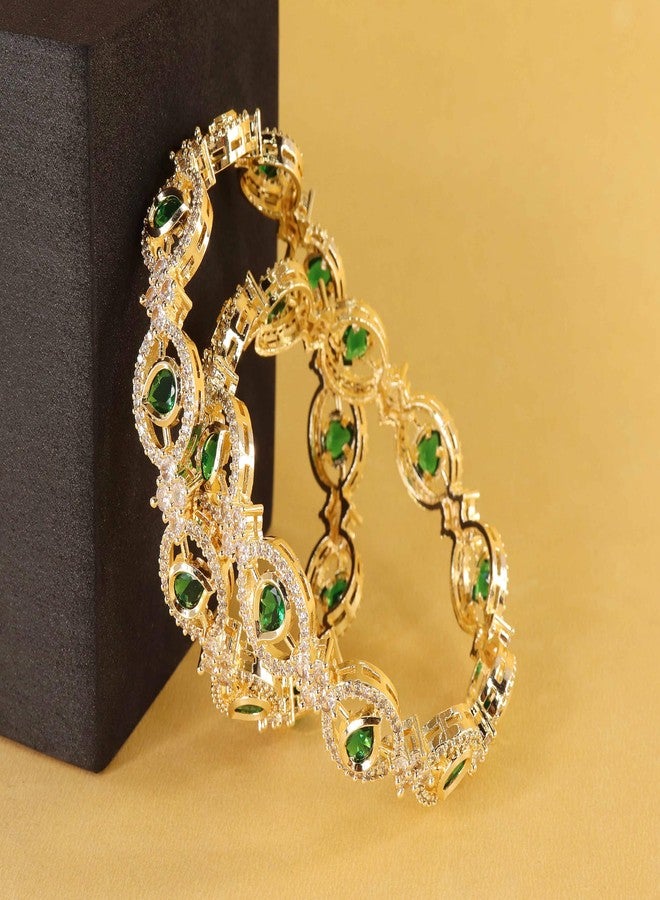 NMII American Diamond Gold Metal Bangles Jewellery Set For Women & Girls with Green Stones | Diamond Bangles | Stone Bangles | Latest AD Daimond Bridal Bangles | Zircon Bangles-(ADK-5-GoldGreen-2.6) - Image 5