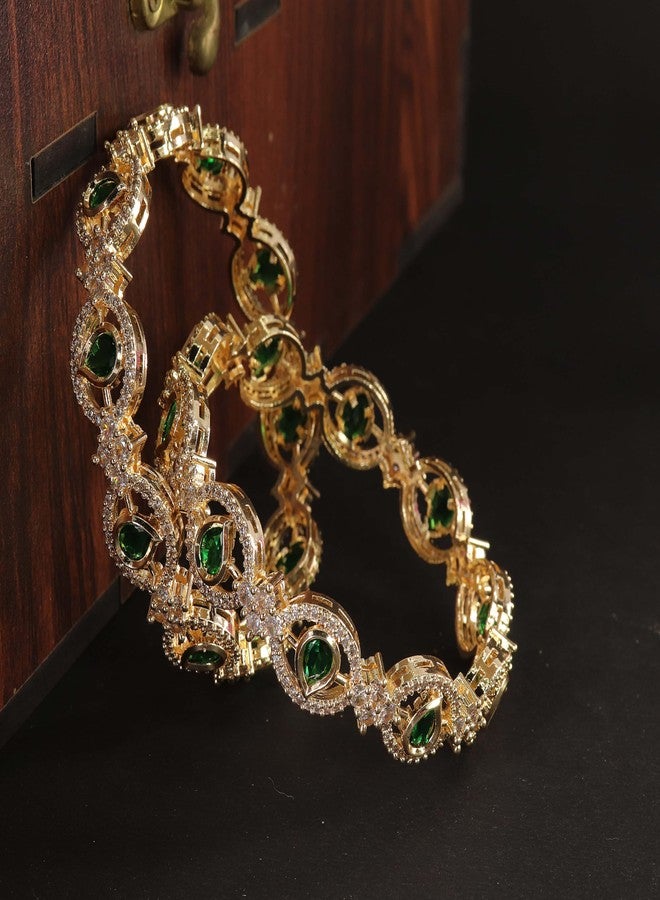 NMII American Diamond Gold Metal Bangles Jewellery Set For Women & Girls with Green Stones | Diamond Bangles | Stone Bangles | Latest AD Daimond Bridal Bangles | Zircon Bangles-(ADK-5-GoldGreen-2.6) - Image 3