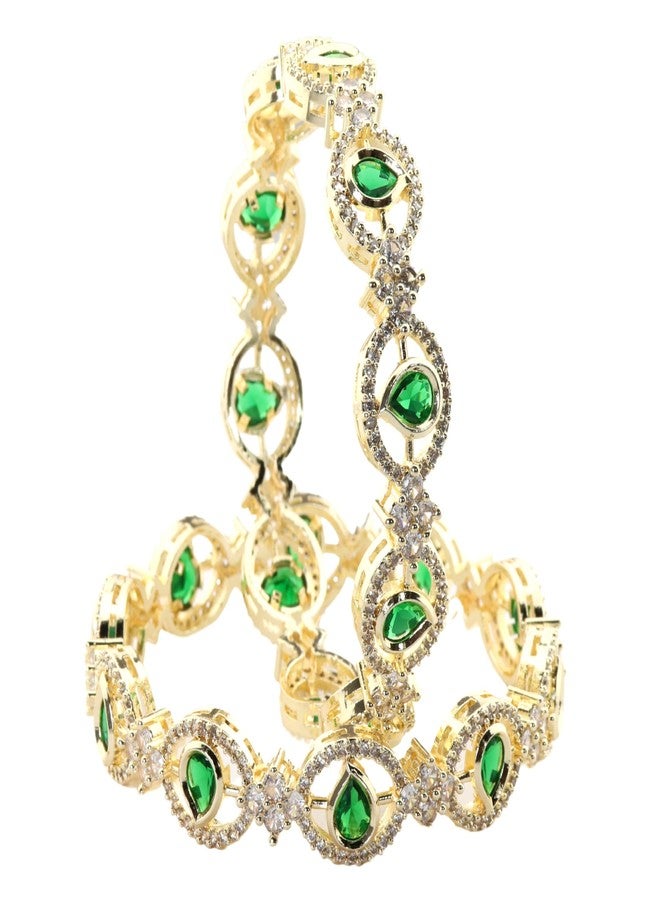NMII American Diamond Gold Metal Bangles Jewellery Set For Women & Girls with Green Stones | Diamond Bangles | Stone Bangles | Latest AD Daimond Bridal Bangles | Zircon Bangles-(ADK-5-GoldGreen-2.6) - Image 1