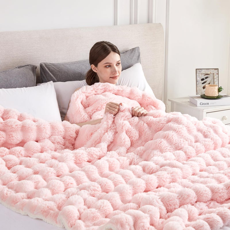 Serenhom 50x60 Inches UltraSoft Fuzzy Faux Fur Plush Throw Blanket  Thick Warm Sherpa for Couch Sofa Bedroom Camping  Decorative Blanket for Cozy Warmth Bubble Pink