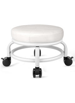 INDIAN DECOR INDIAN DECOR 72117 Low Roller Stool Low Height Rolling Stool Seat PU Leather Small Stool Foot Stool Round Rolling Stools for Home Office Garage Shop White 