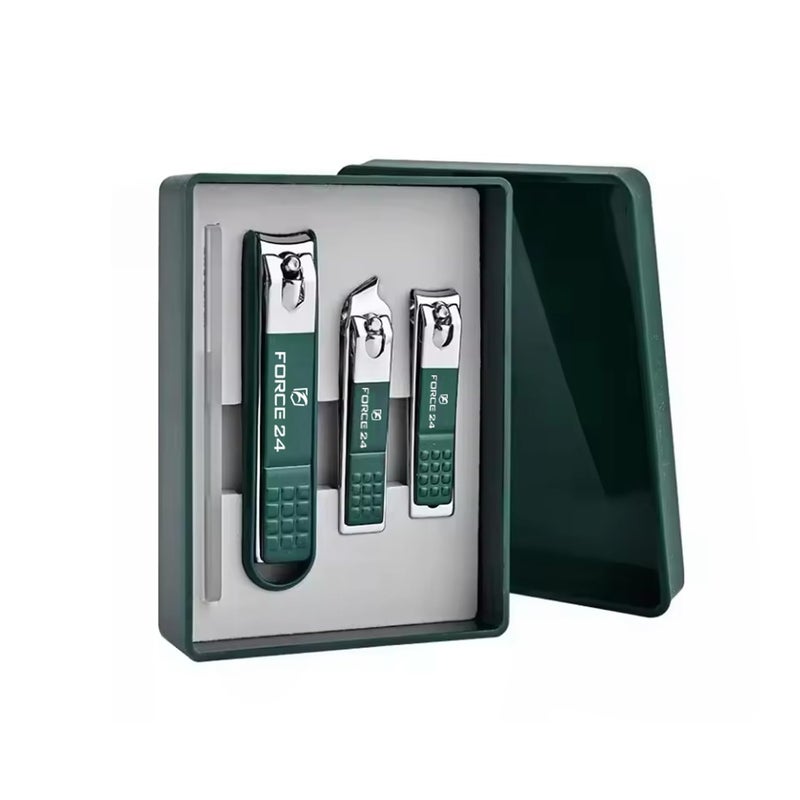 FORCE 24 Force24 Nail Cutter Set with Glass File, Ultra Sharp Sturdy Fingernail and Toenail Clipper for Thick Nails, Stainless Steel, Green, 4 Pieces Set with Box - Image 1