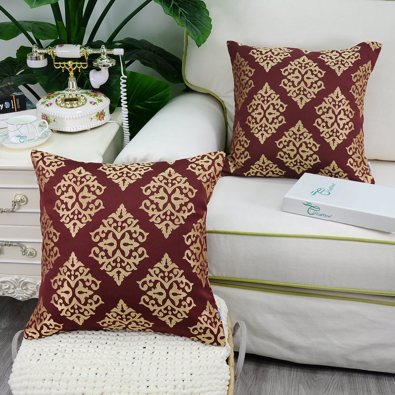 CaliTime Pack of 2 Soft Jacquard Throw Pillow Covers Cases for Couch Sofa Home Decoration Vintage Diamond Shape Damask Floral 18 X 18 Inches Burgundy Gold - Image 2