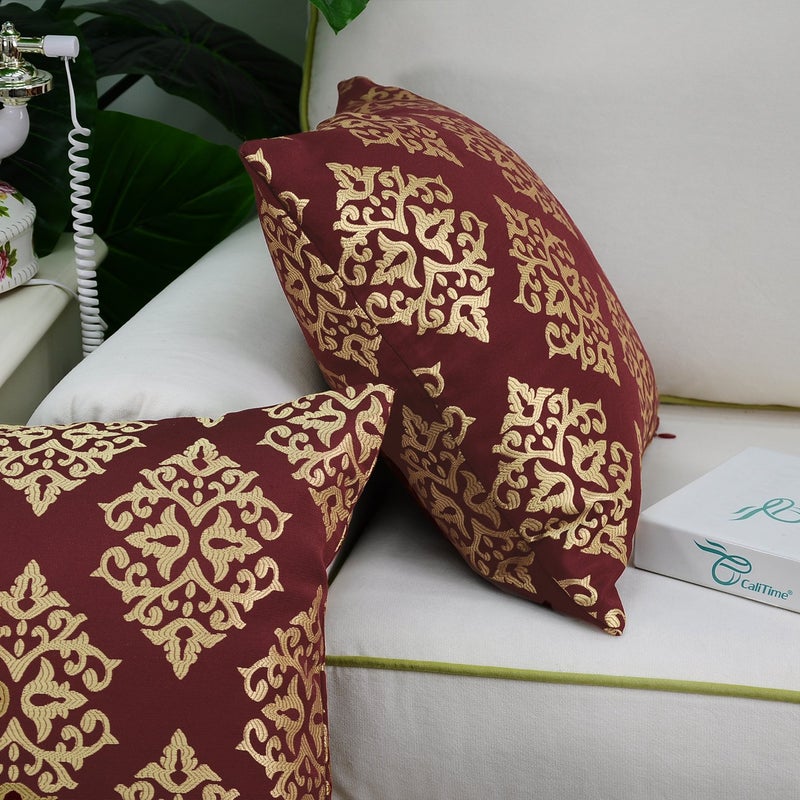 CaliTime Pack of 2 Soft Jacquard Throw Pillow Covers Cases for Couch Sofa Home Decoration Vintage Diamond Shape Damask Floral 18 X 18 Inches Burgundy Gold - Image 5