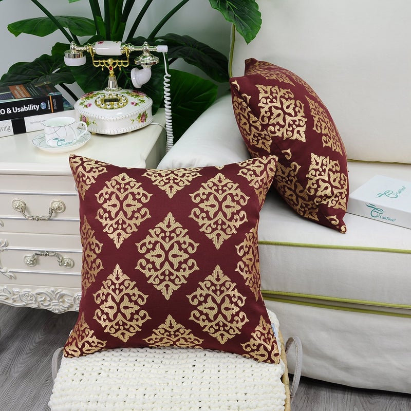 CaliTime Pack of 2 Soft Jacquard Throw Pillow Covers Cases for Couch Sofa Home Decoration Vintage Diamond Shape Damask Floral 18 X 18 Inches Burgundy Gold - Image 4
