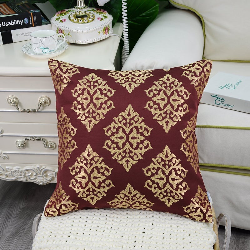 CaliTime Pack of 2 Soft Jacquard Throw Pillow Covers Cases for Couch Sofa Home Decoration Vintage Diamond Shape Damask Floral 18 X 18 Inches Burgundy Gold - Image 3