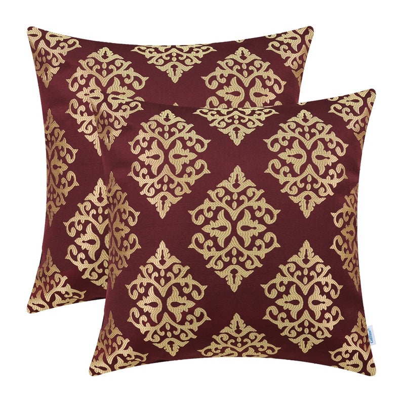 CaliTime Pack of 2 Soft Jacquard Throw Pillow Covers Cases for Couch Sofa Home Decoration Vintage Diamond Shape Damask Floral 18 X 18 Inches Burgundy Gold - Image 1