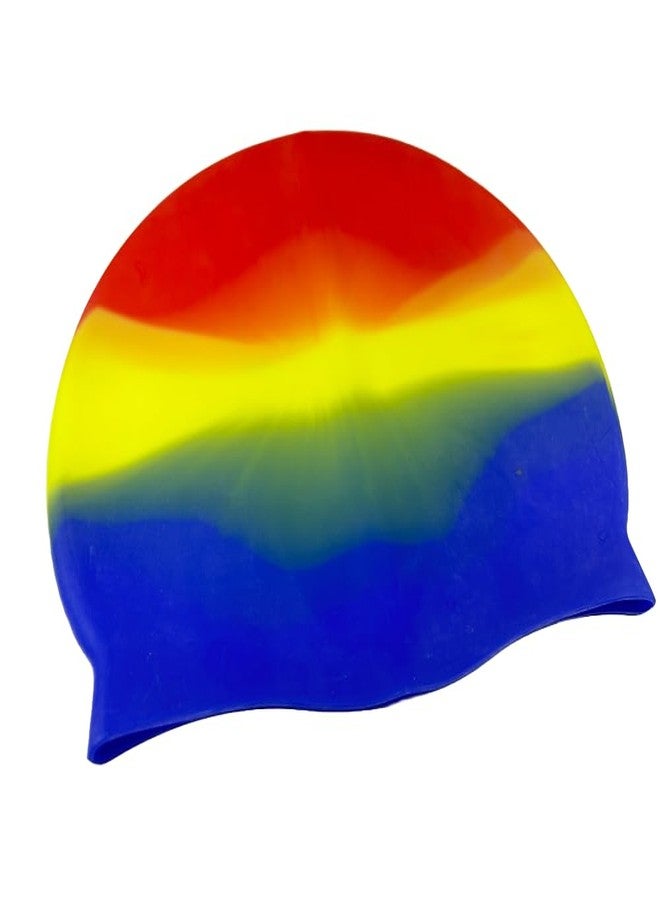 Self Lub Silicone Swim Cap, Waterproof Multicolor Swimming Cap for Men, Women, Boys & Girls (RED Yellow Blue) - Image 1