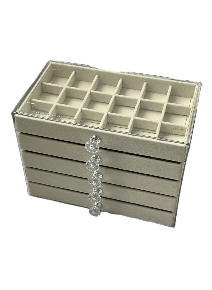 Soofam 5 drawer transparent anti-oxidation jewelry box, acrylic jewelry storage box with tissue box, detachable velvet jewelry display box for ladies, jewelry storage box for earrings, bracelets, necklaces and rings (beige) - Image 1