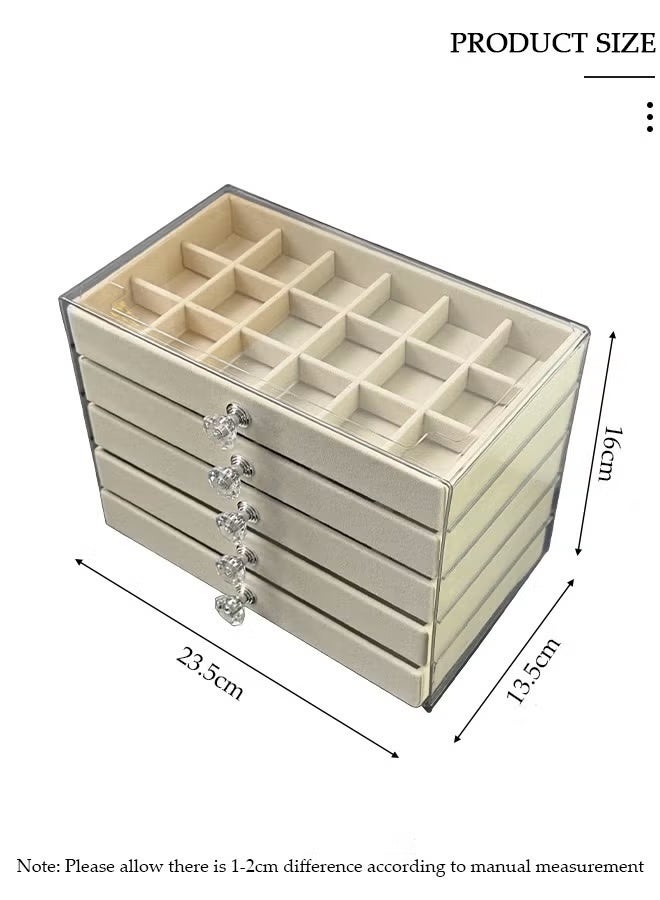 Soofam 5 drawer transparent anti-oxidation jewelry box, acrylic jewelry storage box with tissue box, detachable velvet jewelry display box for ladies, jewelry storage box for earrings, bracelets, necklaces and rings (beige) - Image 2