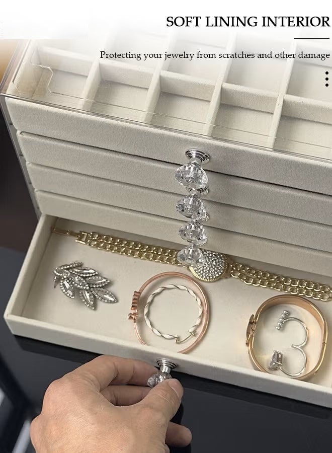 Soofam 5 drawer transparent anti-oxidation jewelry box, acrylic jewelry storage box with tissue box, detachable velvet jewelry display box for ladies, jewelry storage box for earrings, bracelets, necklaces and rings (beige) - Image 4