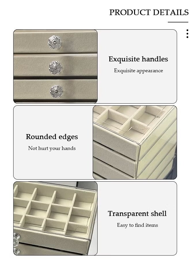 Soofam 5 drawer transparent anti-oxidation jewelry box, acrylic jewelry storage box with tissue box, detachable velvet jewelry display box for ladies, jewelry storage box for earrings, bracelets, necklaces and rings (beige) - Image 5