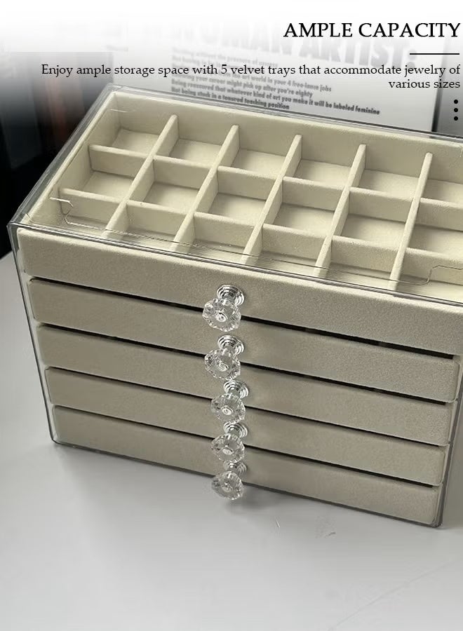 Soofam 5 drawer transparent anti-oxidation jewelry box, acrylic jewelry storage box with tissue box, detachable velvet jewelry display box for ladies, jewelry storage box for earrings, bracelets, necklaces and rings (beige) - Image 3