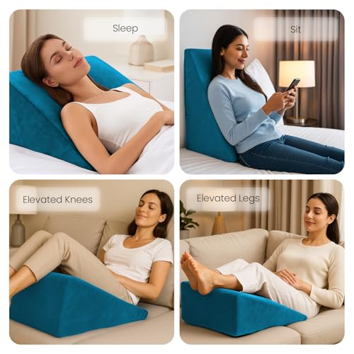 Sleepsia Wedge Cushion Memory Foam Orthopedic Pillow for Bed | 1 Year Warranty | for Acid Reflux, Pregnancy, GERD, Back & Leg Support, Post Surgery, Snoring | Washable Cover | Blue | 20"Lx17.4"Wx10"H - Image 3