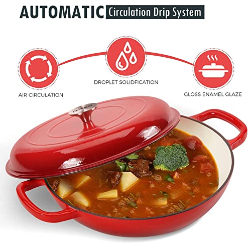 COOKWIN Cast Iron Casserole Braiser, 3.8 Quart Enameled Cast Iron Dutch Oven Pan with Lid, Heavy Duty and Dual Handles Skillet, Oven-Safe Porcelain Surface Casserole Dish, Red - Image 3