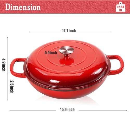 COOKWIN Cast Iron Casserole Braiser, 3.8 Quart Enameled Cast Iron Dutch Oven Pan with Lid, Heavy Duty and Dual Handles Skillet, Oven-Safe Porcelain Surface Casserole Dish, Red - Image 5
