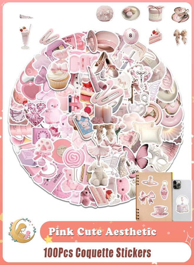 BEBLOSSOM 100 Pcs Coquette Stickers Pack - Pink Cute Aesthetic Vinyl Waterproof Stickers for Water Bottles, Laptops, Phones, Guitars & More - Image 1