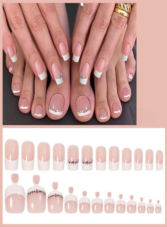 Outyua 48Pcs Press on Nails Toenails French Nail Tips Rhinstone Medium Length Flase Nail Finger Toe Nails Glossy Acrylic Fake Nail with Designs (Rhinstones) - Image 4