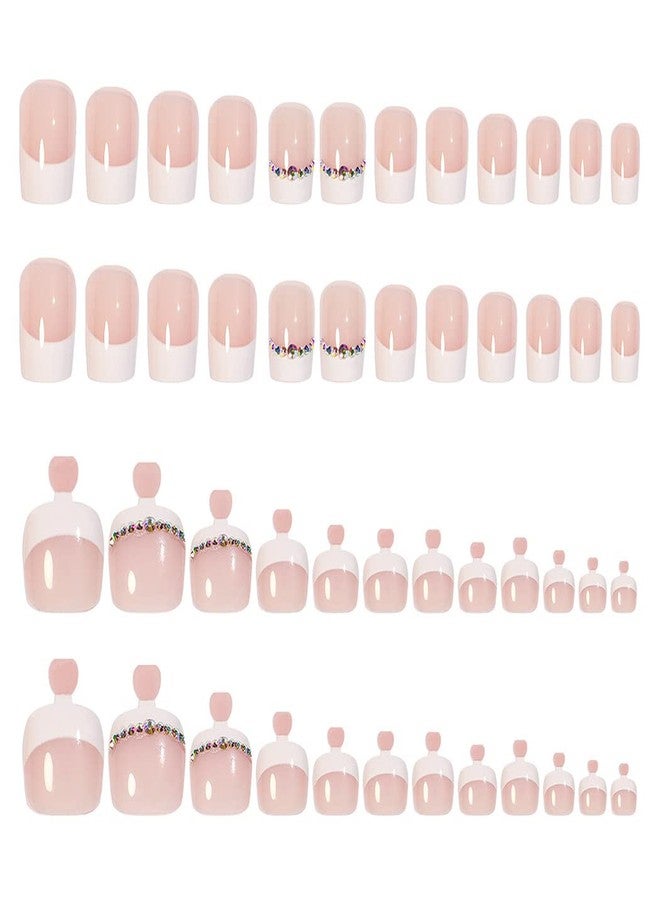 Outyua 48Pcs Press on Nails Toenails French Nail Tips Rhinstone Medium Length Flase Nail Finger Toe Nails Glossy Acrylic Fake Nail with Designs (Rhinstones) - Image 5
