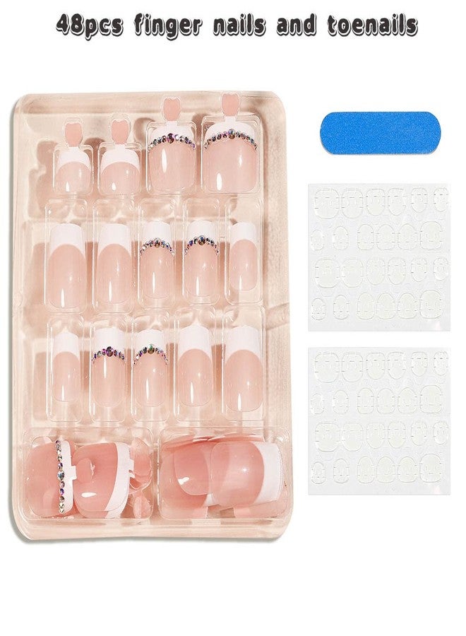 Outyua 48Pcs Press on Nails Toenails French Nail Tips Rhinstone Medium Length Flase Nail Finger Toe Nails Glossy Acrylic Fake Nail with Designs (Rhinstones) - Image 2