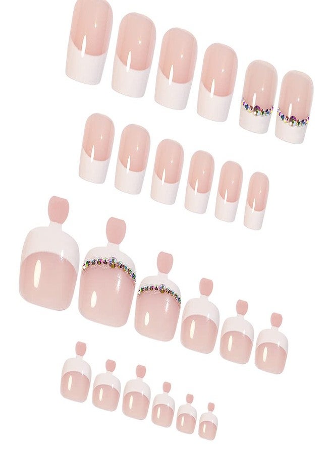 Outyua 48Pcs Press on Nails Toenails French Nail Tips Rhinstone Medium Length Flase Nail Finger Toe Nails Glossy Acrylic Fake Nail with Designs (Rhinstones) - Image 3