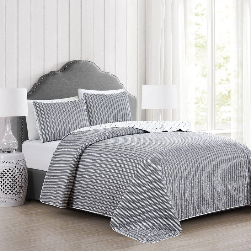 Market & Place 3 Piece Reversible Quilt Set with Shams | All-Season Soft & Lightweight Bedspread with Modern Striped Pattern | Nora Collection (Full/Queen, White/Grey) - Image 2