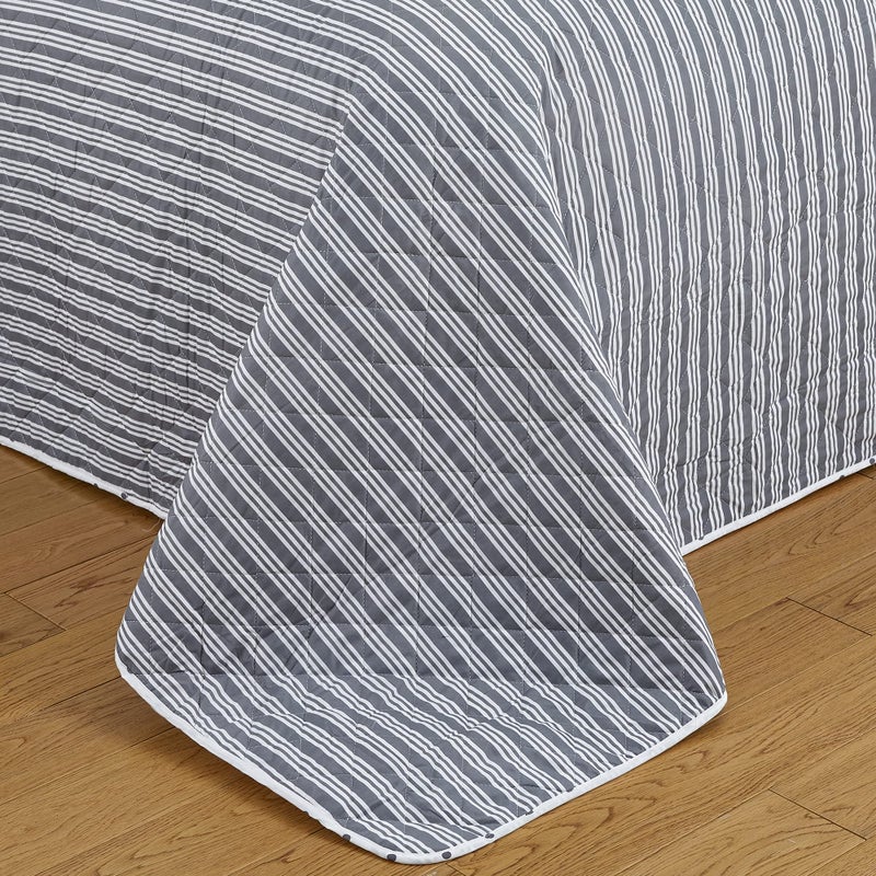 Market & Place 3 Piece Reversible Quilt Set with Shams | All-Season Soft & Lightweight Bedspread with Modern Striped Pattern | Nora Collection (Full/Queen, White/Grey) - Image 4