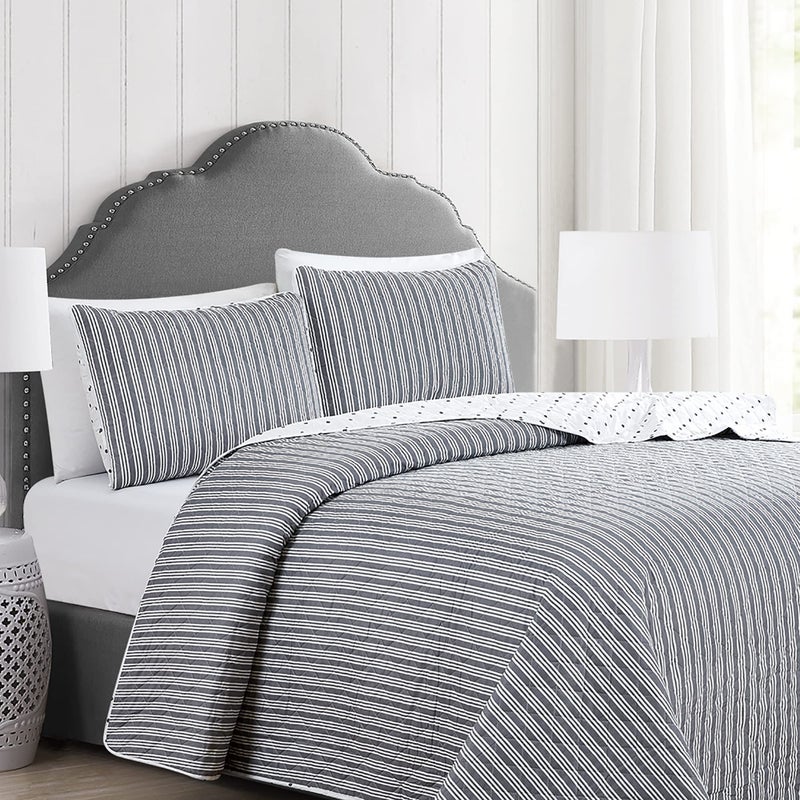 Market & Place 3 Piece Reversible Quilt Set with Shams | All-Season Soft & Lightweight Bedspread with Modern Striped Pattern | Nora Collection (Full/Queen, White/Grey) - Image 5
