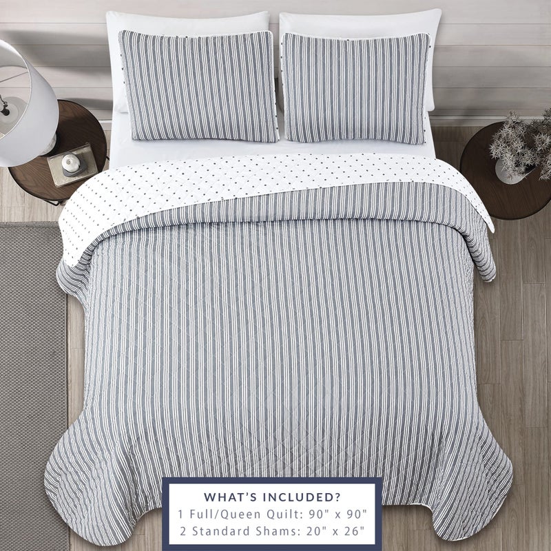 Market & Place 3 Piece Reversible Quilt Set with Shams | All-Season Soft & Lightweight Bedspread with Modern Striped Pattern | Nora Collection (Full/Queen, White/Grey) - Image 3