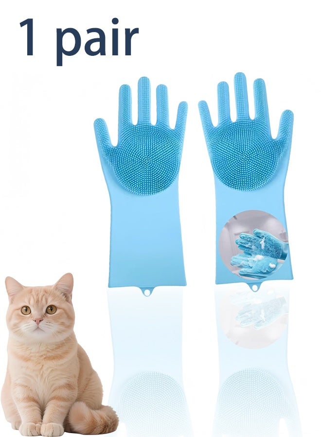 Silicone Pet Grooming Gloves for Dogs & Cats - Bathing Gloves with High-Density Teeth & 5-Finger Design, 2-in-1 Dog Deshedding and Massage Gloves, Reusable Dog Washing Gloves (Blue) - Image 1