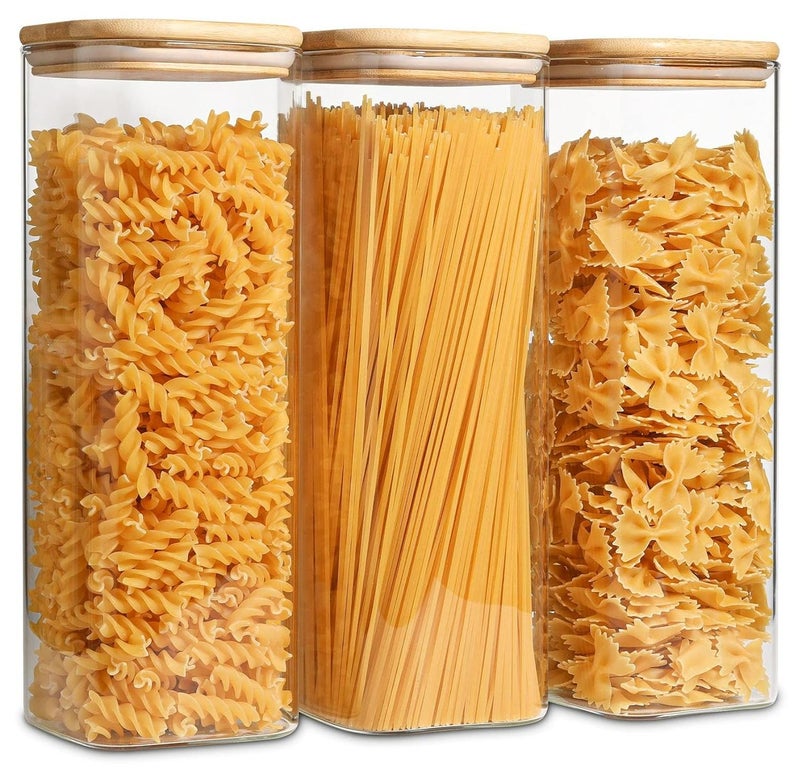 ZIMNEST 3-Piece Set of Square Glass Storage Jars with Wooden Lids, 2150ML/73OZ Airtight Food Containers, Preservation Jars & Storage Boxes for Pasta, Flour, Grains, Spices, Tea, Coffee Beans, & Other Kitchen Staples - Perfect for Long-Term Food Preservation & Organization - Image 1