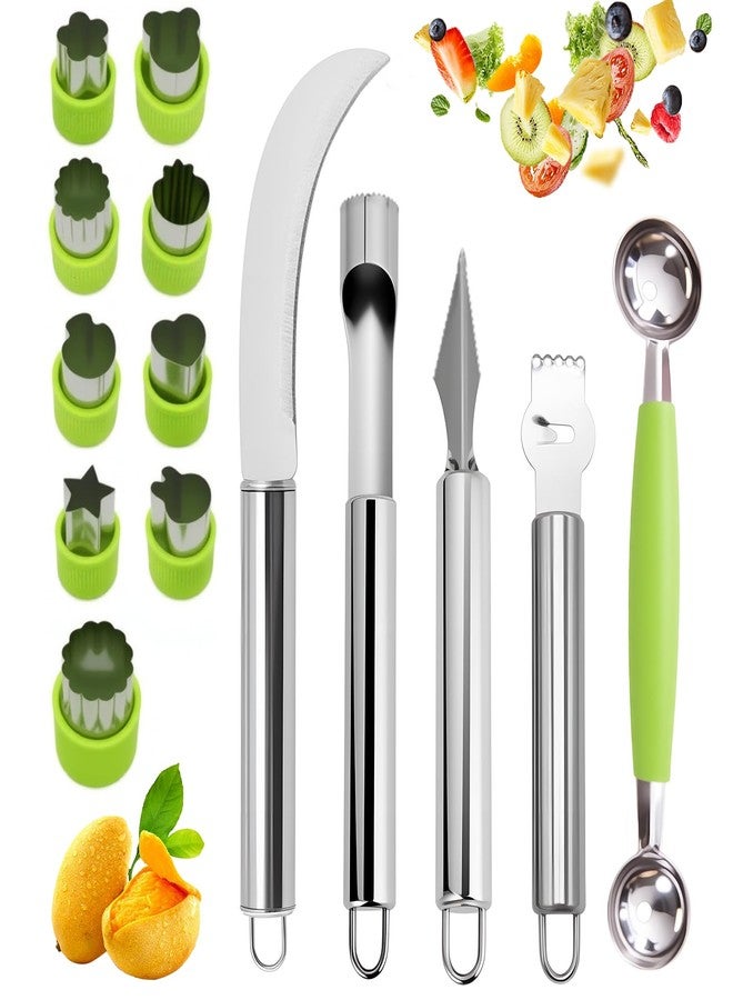 Krbnk 14PCS Fruit Carving Tools Set, Stainless Steel Melon Baller Scoop Set, Fruit Cutters Shapes, Cantaloupe Cutter Slicer Tool Piranha Spiral Cutter and V-Tool for Fruits Vegetable Sculpting - Image 1