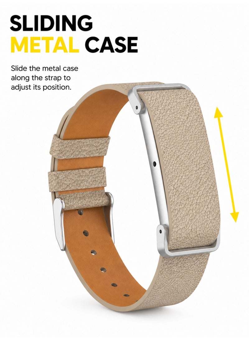 BASEMENT-1 Leather Band Compatible With Google Fitbit Air, Replacement Strap with Adjustable Metal Protective Case, Textured Leather Wristband, 130-210mm, Khaki - Image 2