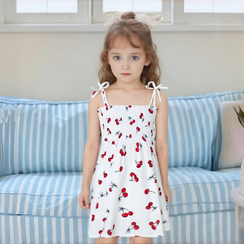 Kumrabal Girls Dresses, Toddler Dress, Little Toddler Girls' Flower Summer Sleeveless Straps White with Cherry Printed Princess Dresses,Backless Cute Holiday Beach Sundress for Kids - Image 2