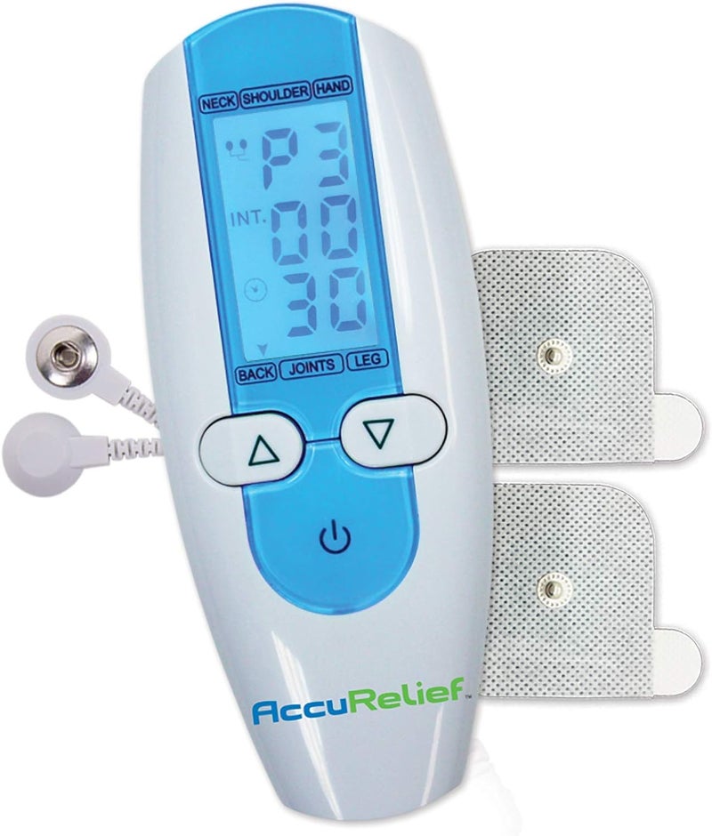 AccuRelief TENS Unit Muscle Stimulater Pain Relief System - Electric Muscle Stimulator with Electrodes for Neck, Back, and Full Body, White and Blue