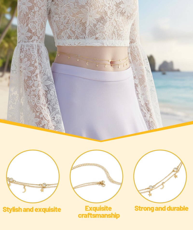 XFSAFDM Crystal Star Moon Waist Chain for Women for Saree, Gold Plated Belly Chain, Stylish Hip Chain for Women Saree, Elegant Jewellery, Perfect for Beachwear and Traditional Outfits - Image 3