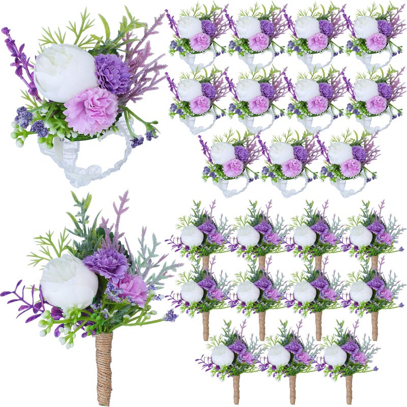 Glitinsel 24 Pcs Wrist Corsage and Boutonniere Set Artificial Men Women Purple Boutonniere Wedding Boutonniere Flowers Accessories for Bride Bridesmaid Groom Groomsmen Wedding Party Prom Decoration - Image 1