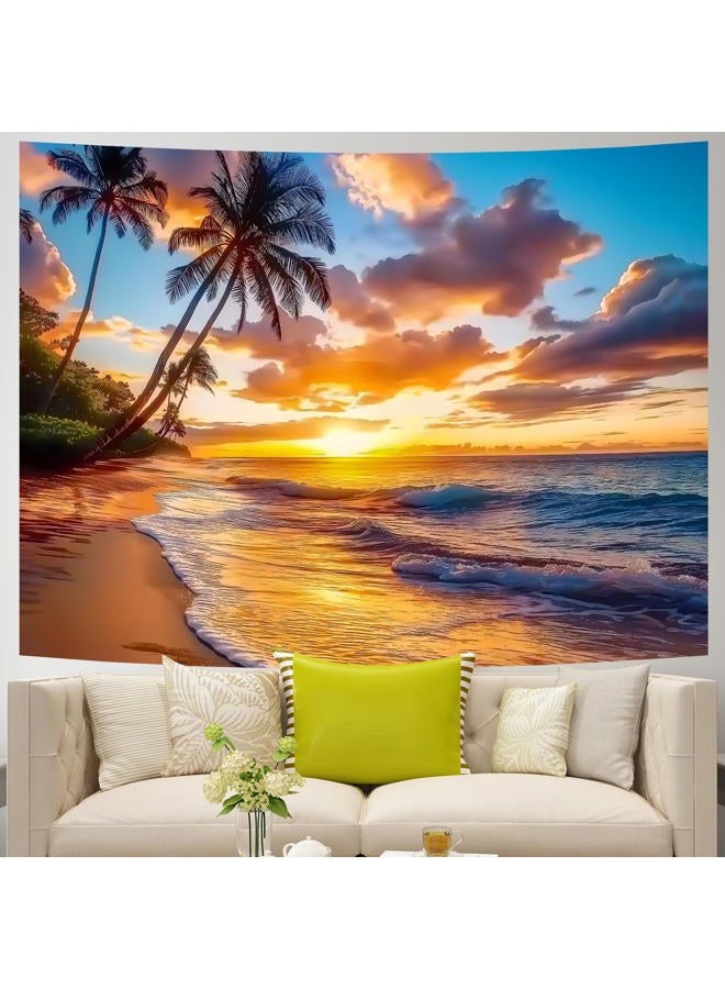 AOHMPT Ocean Sunset Tapestry, Beach Evening Sunset Tapestry, Natural Beach Palm Tree Landscape Tapestry Poster, Seaside Landscape Wall Hanging for Bedroom, Dorm Room and Living Room Wall Decor 79" L x - Image 2