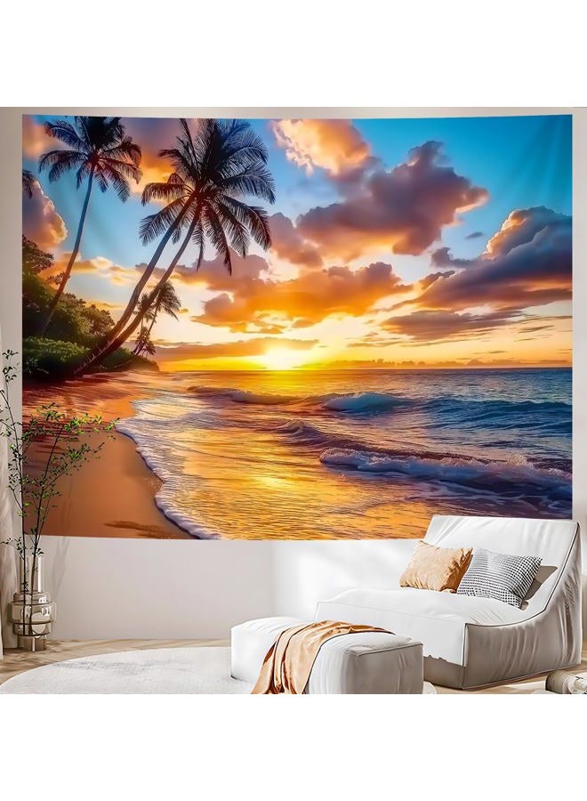 AOHMPT Ocean Sunset Tapestry, Beach Evening Sunset Tapestry, Natural Beach Palm Tree Landscape Tapestry Poster, Seaside Landscape Wall Hanging for Bedroom, Dorm Room and Living Room Wall Decor 79" L x - Image 4