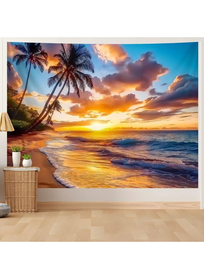 AOHMPT Ocean Sunset Tapestry, Beach Evening Sunset Tapestry, Natural Beach Palm Tree Landscape Tapestry Poster, Seaside Landscape Wall Hanging for Bedroom, Dorm Room and Living Room Wall Decor 79" L x - Image 1