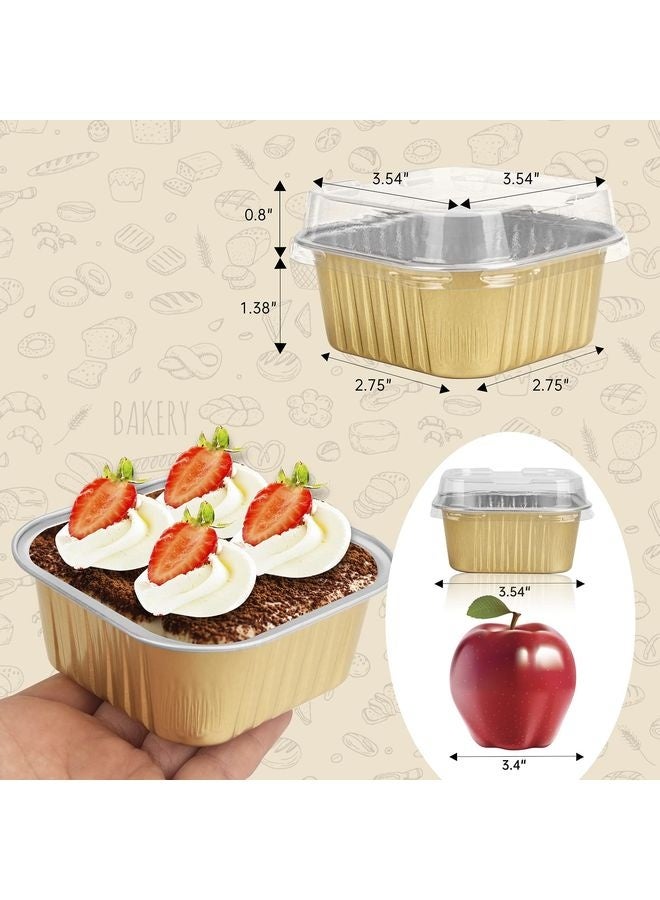 HOMESTAR 50 Pcs Mini Square Baking Cups with Lids,5oz Aluminum Foil Mini Cake Pans with Lids,Disposable Ramekins Cake Pans,150ml Dessert Cups Cupcake Pans for Wedding Birthday Party,Gold - Image 2